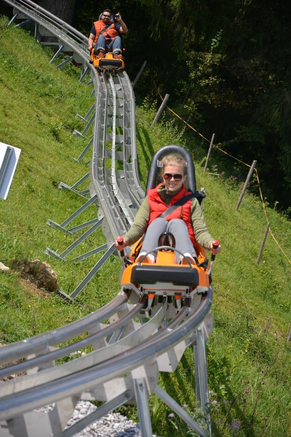 Family riding the alpine coaster down a green hillside